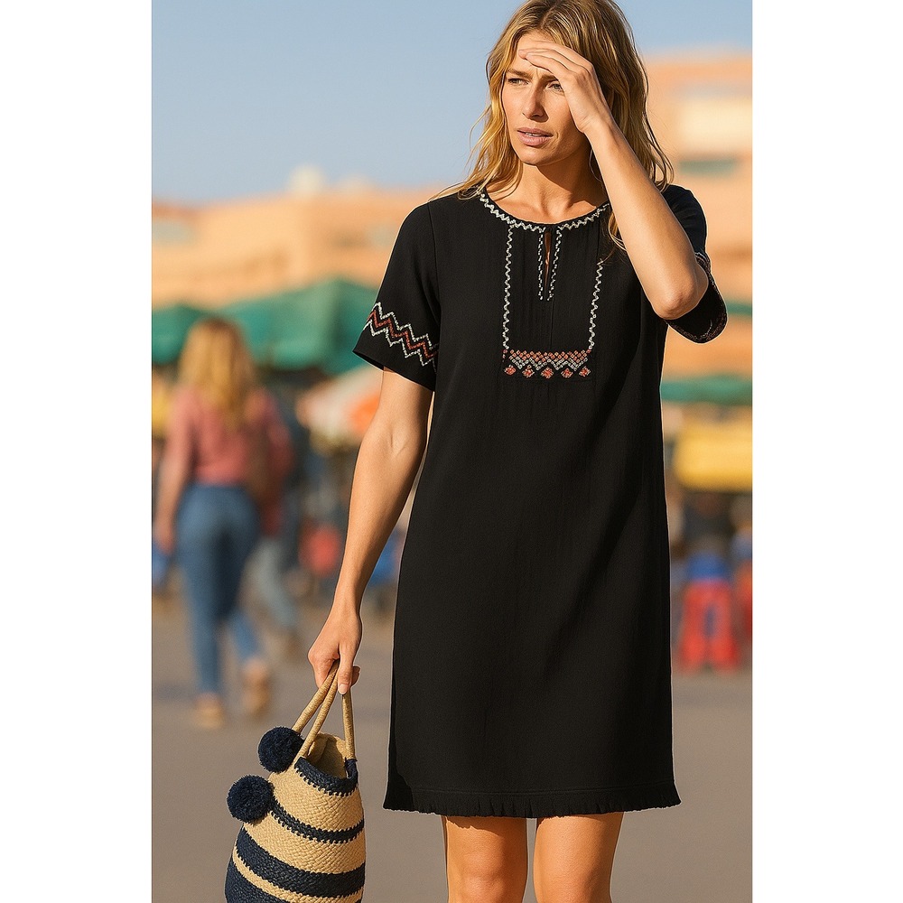 LILLA P Gauze Embroidered Dress Black Tassel Fringe Short Sleeve sz S Boho